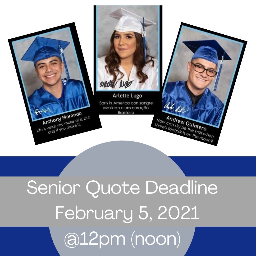 Senior quotes are due next week. We need at least half the class to submit a quote. You can submit your quote now on our website (sunnysideyearbook.com). Share and tell your friends that senior quotes are due February 5,2021 <a href="/12pm/">nour zohbi</a> (noon)