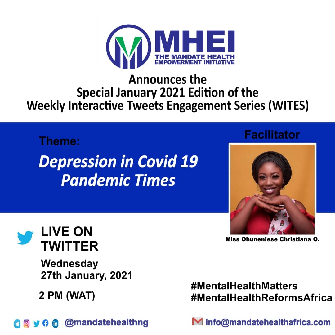 I welcome you all to today's tweet chat ,don't forget to drop your comment while the section is on,
Together we can build a mentally healthy Society.
#MentalHealthMatters 
#COVID19Nigeria #EveryVoiceCounts @zion_ameh
@light_consult @kucheli_kobiba @ComfortStream @AfricaAmhec