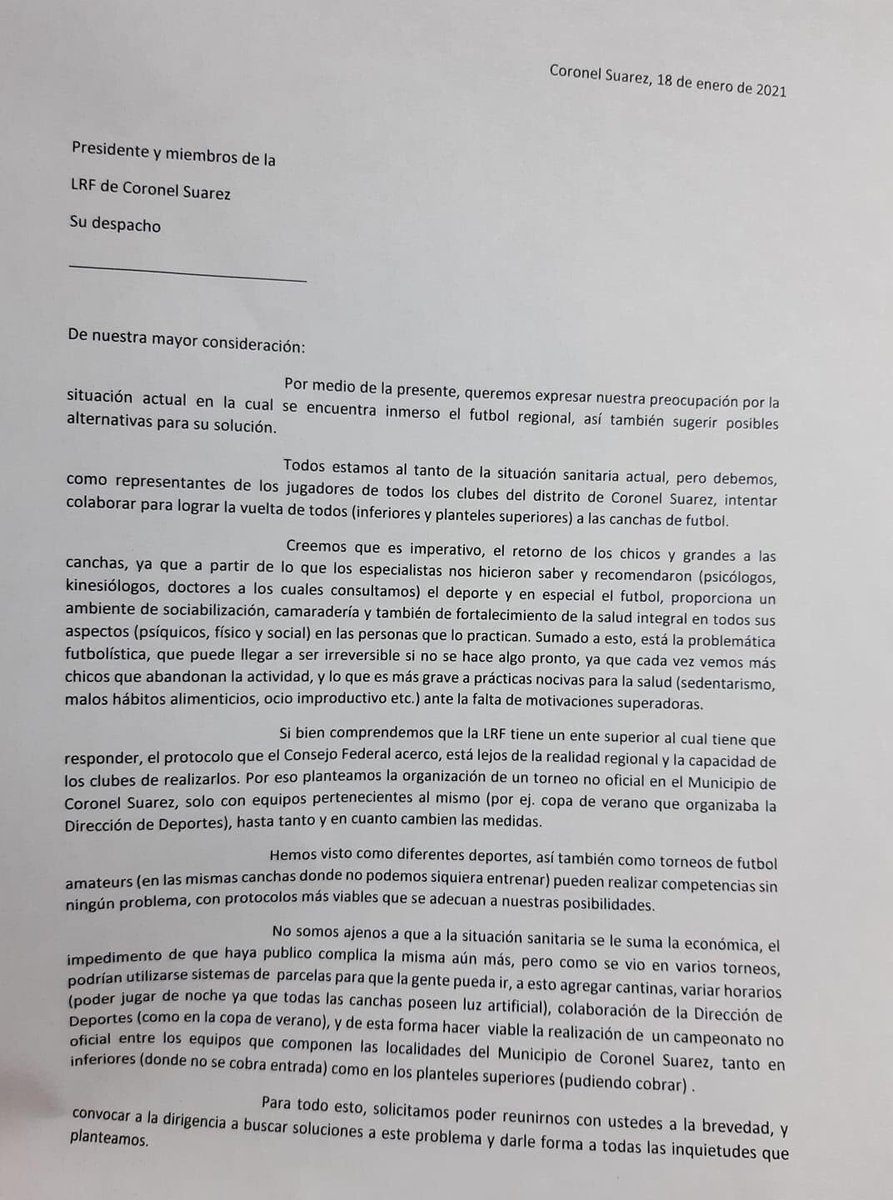 Carta que los representantes de los jugadores de los equipos del distrito de Coronel Suárez mandamos a la LRF para volver a jugar de alguna manera. Tanto en inferiores, como primera y reserva #entretodospodemos