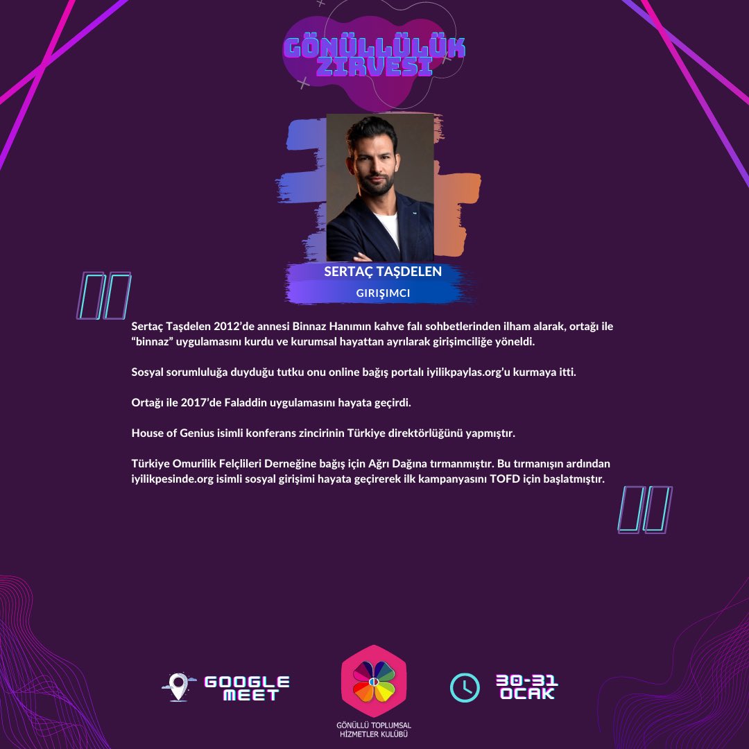 31 Ocak Pazar günü Gönüllülük Zirvemizde Faladdin ve Binnaz uygulamalarının kurucularından, girişimci Sertaç Taşdelen bizlerle olacak 💜🍀 <a href="/SertacTasdelen/">Sertac Tasdelen</a> <a href="/faladdinsocial/">Faladdin</a> @binnazabla #anadoluüniversitesi