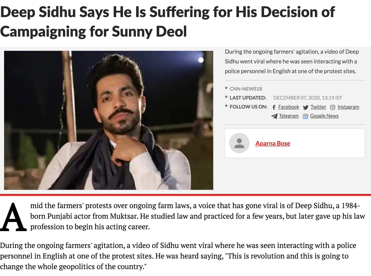 Deep Sidhu is a Punjabi actor.In 2019 Loksabha elections, he campaigned for BJP leader & Bollywood actor Sunny Deol.There are many such singers & actors in Punjab who support Khalistan behind closed doors. For example Hard Kaur, Jazzy B, etc.Deep Sidhu is one of them. 1/4