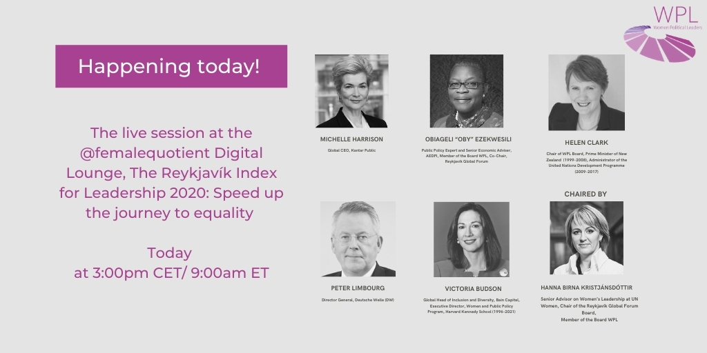 You can join the 'The Reykjavík Index for Leadership 2020: Understanding barriers to equality in leadership' digital discussion buff.ly/3qXit1d at 3:00PM CET. @HannaBirnaWPL @HelenClarkNZ @obyezeks @dw_Limbourg @Michel1eH #ReykjavikIndex @kantar @WomenLeadersGF