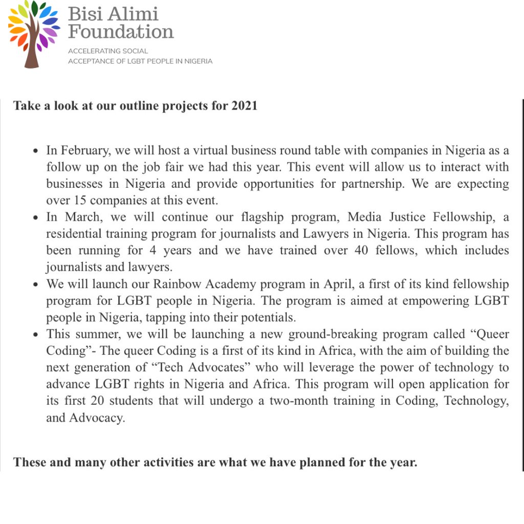 tbafoundations's tweet photo. Here’s a personal letter from our Executive Director, Bisi Alimi, to you. 
  
Learn all about our plans and outlined projects for year 2021. 
  
Kindly support us to continue the work of accelerating social acceptance, and increasing social diversity and inclusion in Nigeria. https://t.co/DqaCv5mdD9