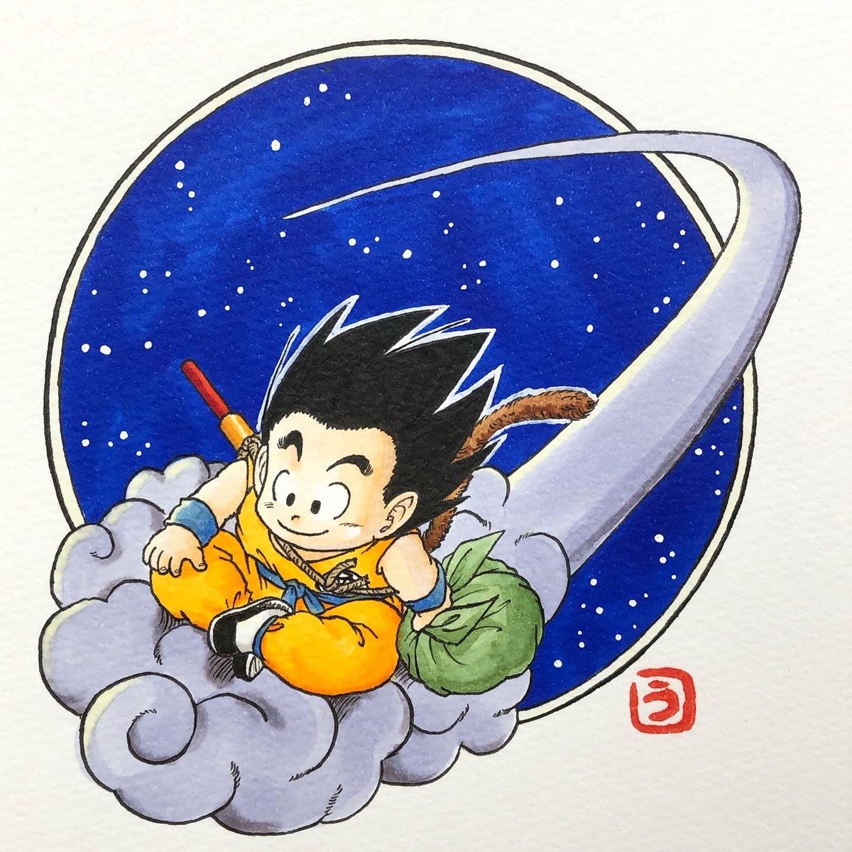 4wks 扉絵模写 其之五十四 再冒険 ドラゴンボール 孫悟空 悟空 少年悟空 孫悟空イラスト ドラゴンボールイラスト 筋斗雲 鳥山明 鳥山明リスペクト コピック お絵描き 扉絵模写 模写 Copic Illustration Manga Dragonball