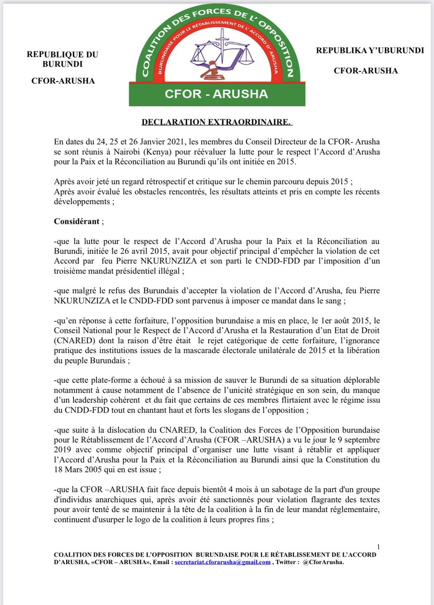 CforArusha's tweet photo. LES MEMBRES DU CONSEILS ONT:1)décidé de réorganiser la lutte autour d’une autre vision et de nouveaux objectifs.2)décidé à qu’à compter du28/1/2021,@CforArusha changera de dénomination pour devenir ALLIANCE NATIONALE POUR LE RETABLISSEMENT DE LA DEMOCRATIE AU BURUNDI,ANR en sigle https://t.co/4G0XTzEfhv