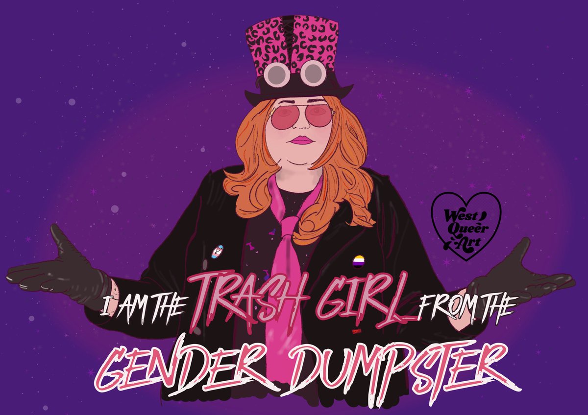 Digital painting of James Stefanie Sterling, dressed in their Jimquisition host outfit, and the following text overlaying the bottom of the image “i am the trash girl from the gender dumpster”
