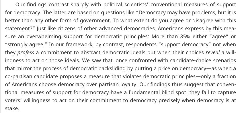 2/When presented with anti-democratic actions by candidates, only a fraction of Americans "select democracy over partisan loyalty."Meaning: Americans will slide core democratic principles in exchange for "well, they are my party so it's ok."No, folks: it ain't ok.