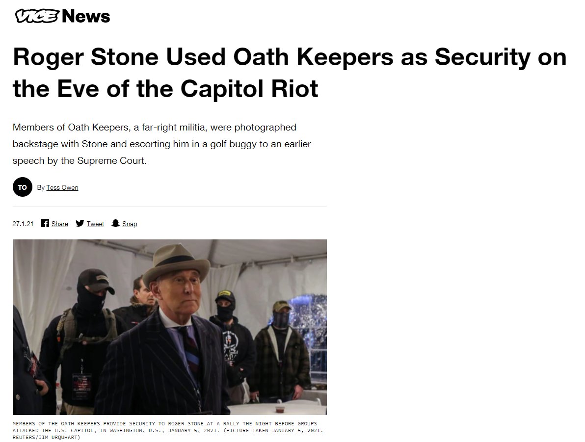 On January the 5th the evening before the insurrection and on the night Roger Stone was speaking at the Pre-DC rally he also used members of the Oath Keepers as protection.