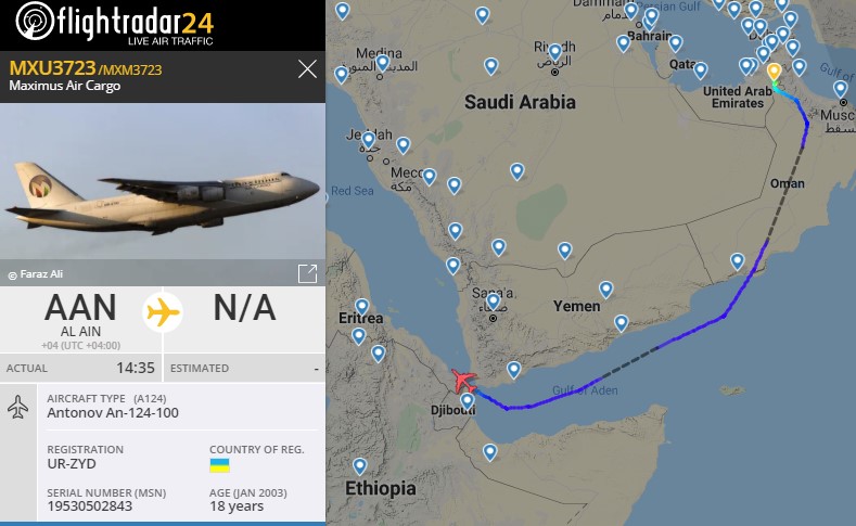 Laurent_Le_Bloa's tweet photo. Heavy Ukrainian cargo #AN124 Flight MXM3723 from Al Ain #UAE probably to #Assab #Erytrea, where same aircraft landed yesterday
@RAbdiAnalyst
@Abdi678 https://t.co/cmUwCCHYJE