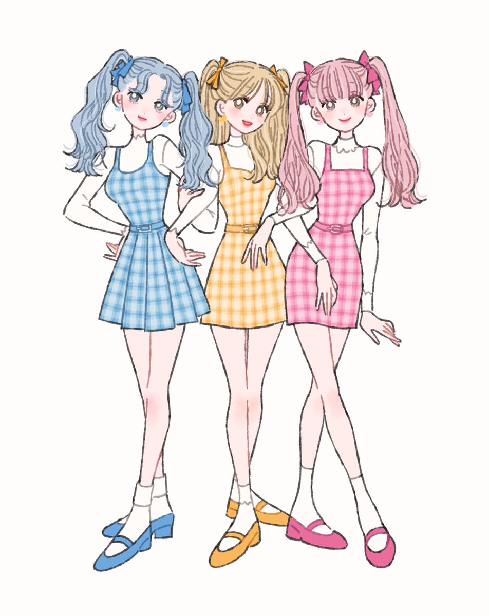 plaid dress dress twintails multiple girls plaid 3girls yellow dress  illustration images
