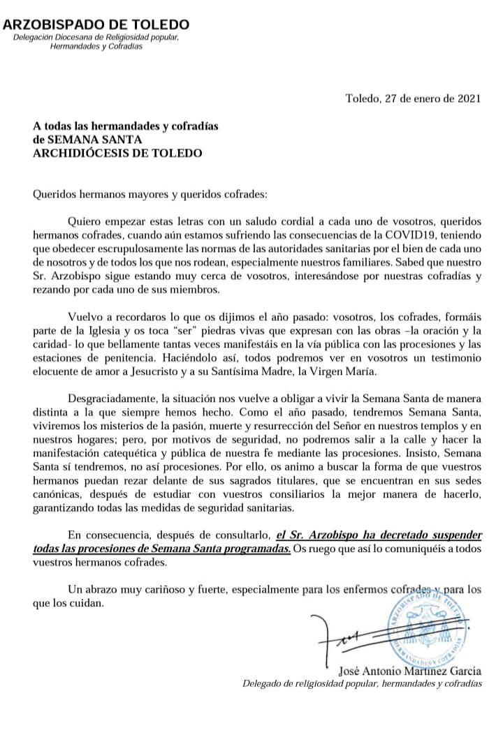 architoledo's tweet photo. Comunicado Oficial del #ArzobispadoDeToledo respecto a la #SemanaSanta en #ArchiToledo este año 2021 https://t.co/hpHF92U98I