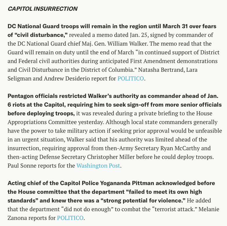 just_security's tweet photo. Key stories from today's Early Edition.
#CapitolBreach #DCNationalGuard #MajGenWilliamWalker #CapitolPoliceChief
https://t.co/XUDmKNLExG https://t.co/7KQSxxww30