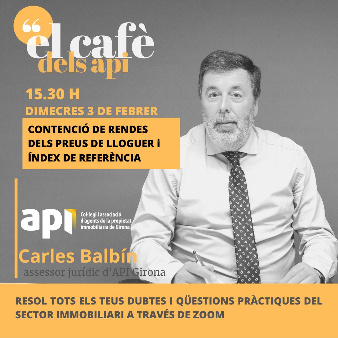 apigirona's tweet image. ☕️ Connecta&apos;t al CAFÈ DELS API amb @carlesbalbin que ens informarà sobre les novetats del TC en relació a les rendes de #lloguer i l&apos;índex de preu de referència.
◾️ 3/2/21
◾️ 15.30 h
◾️ per zoom
◾️ inscripcions: buff.ly/3pmY7Oz

#elCafèDelsAPI #apiGirona