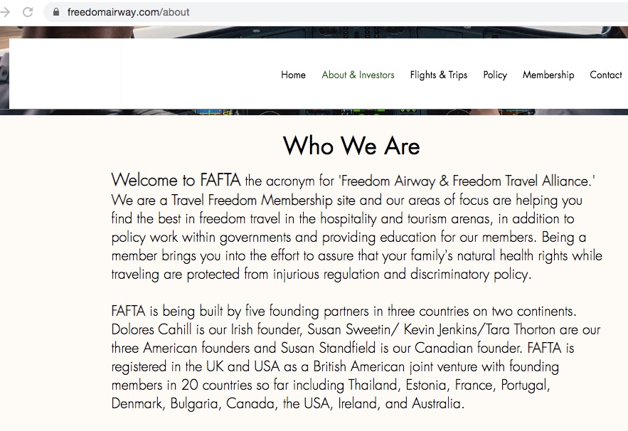 Dolores Cahill recently announced her position as a founding member of Freedom Airway & Freedom Travel Alliance (FAFTA), a company which claims to be able to transport paying members of the public on vacation without the need to comply to COVID-19 travel or country regulations.