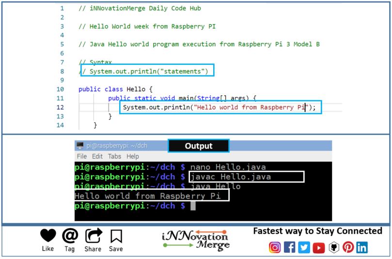 InnovationMerge's tweet photo. Day 74- "iNNovationMerge DailyCodeHub"
"{Refresh}[Revise]<Reshare>"
Java Hello world program execution from Raspberry Pi 3 Model B 
#Java #Raspberry3 #Linux #Helloworld #debain #coding #learn #educational #codelearning #innovationmerge #dailycodehub #push #codinglife #Programming https://t.co/ZMqzZDI6FQ