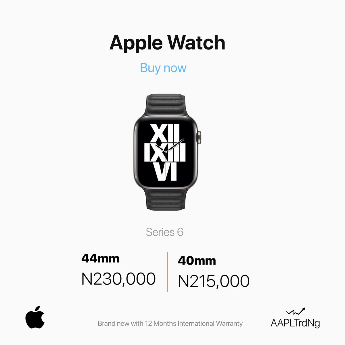 @apple Watch Series 6 GPS IN-STORE** @aapltrdng
_
40mm N215,000
44mm N230,000
_
Product Informtion
_
Always-On Retina display with Force Touch
_
GPS and GPS + Cellular Models
_
40mm 04 44mm case; Over 30 Percent Larger display
_ https://t.co/CjxaWAvtNO