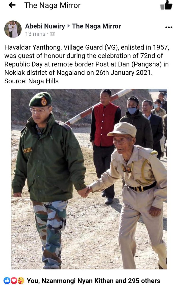 #AssamRifles post in the #Indo_Myanmar border village of #DAN_PANGSHA makes 85 yr old #Hav #Yanthong of #VILLAGE_GUARDS the #GuestOfHonour at RD Celebrations.

VGs were raised to combat insurgents and currently get INR 3000/m as stipend.

What a way to FELICITATE a #VETERAN.