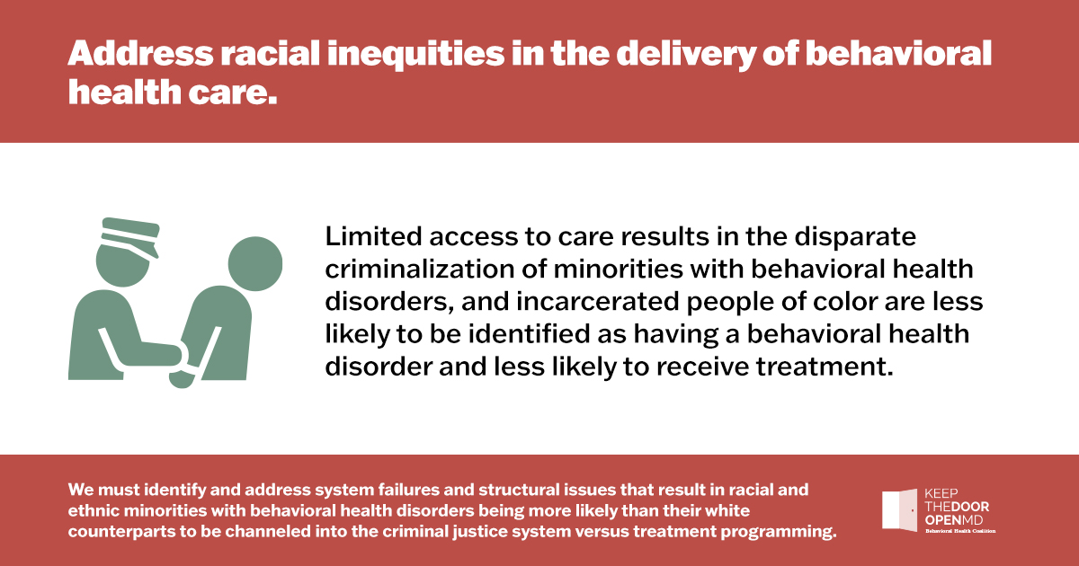 Incarcerated people of color are less likely to be identified as having a behavioral health disorder and to receive treatment. This #MDGA21, <a href="/keepdooropenmd/">KeepTheDoorOpenMd</a> calls on our legislators to address racial inequities in the delivery of behavioral health care.
ow.ly/AZIM50D7NBK