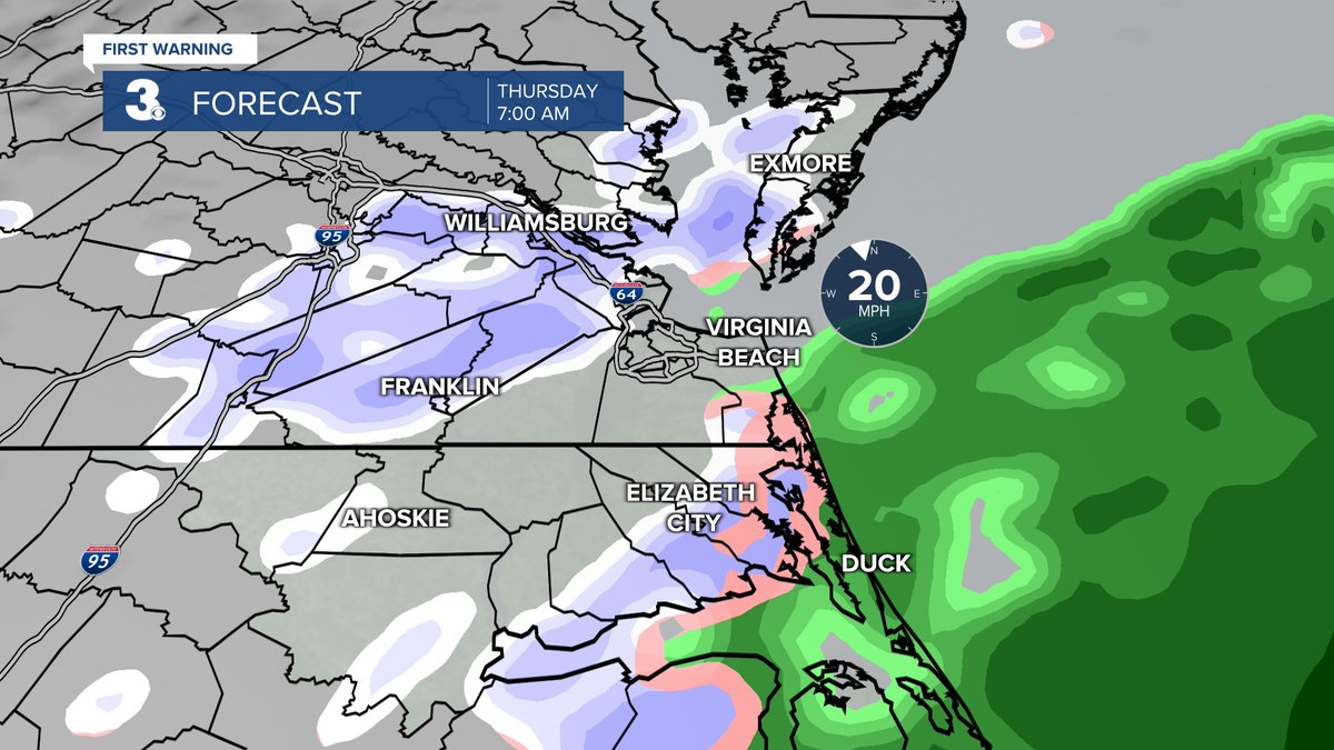 WTKR3's tweet photo. A Winter Weather Advisory has been issued from midnight to 9 a.m. on Thursday! ❄️ Snow accumulation near 1 inch is expected and over 1 inch is possible for the inland Southside and inland NE NC areas. 

Full local forecast: https://t.co/s6J5JnbXtq https://t.co/7bkw37ANSK