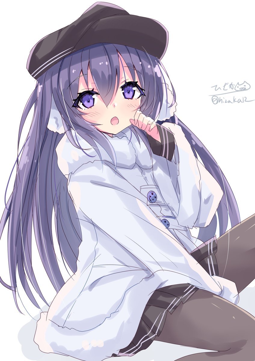 akatsuki (kancolle) 1girl long hair solo pantyhose hat white background purple eyes  illustration images