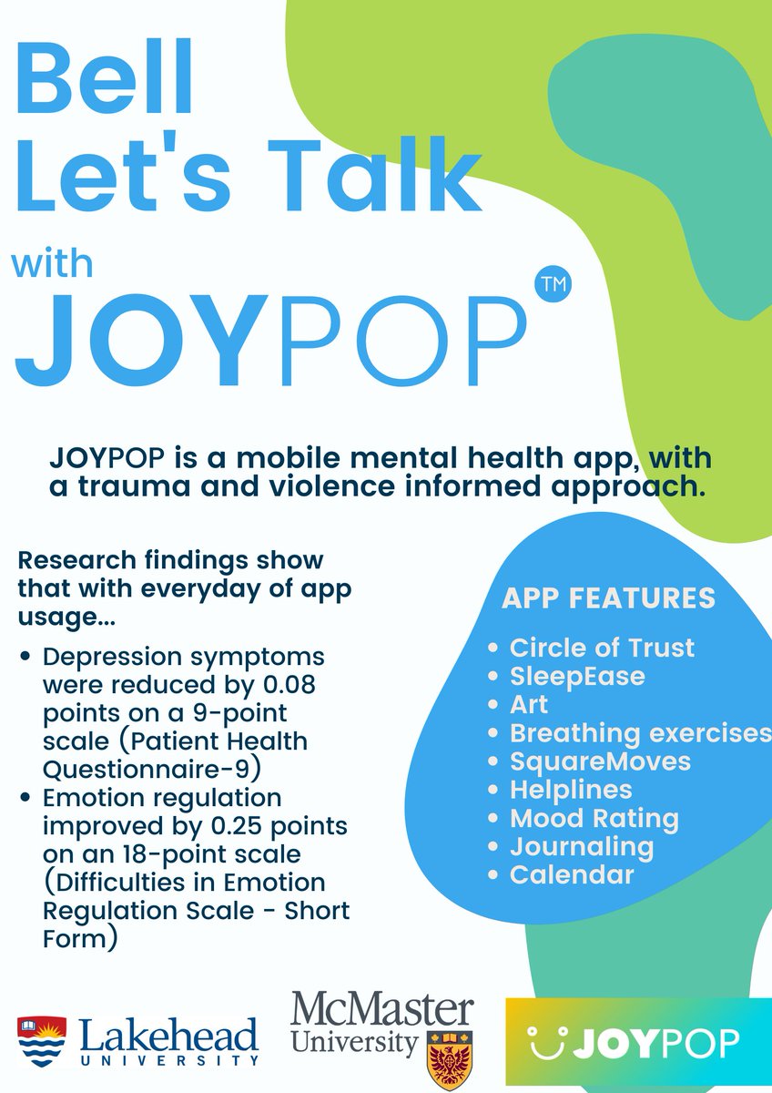 #BellLetsTalk about the incredible, promising research findings with the #JoyPop app! Check out the graphic below to learn more. <a href="/JoyPop_app/">The JoyPop App</a> <a href="/DrWekerle/">Dr.Christine Wekerle</a>