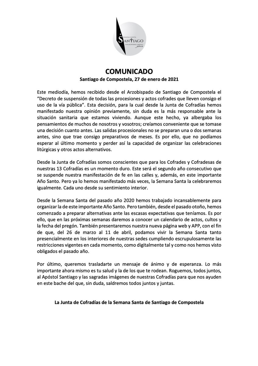 Comunicado de la Junta de Cofradías sobre el Decreto de suspensión de las procesiones de la #SemanaSantaSantiago dictado en el día de hoy por el Arzobispado de Santiago de Compostela