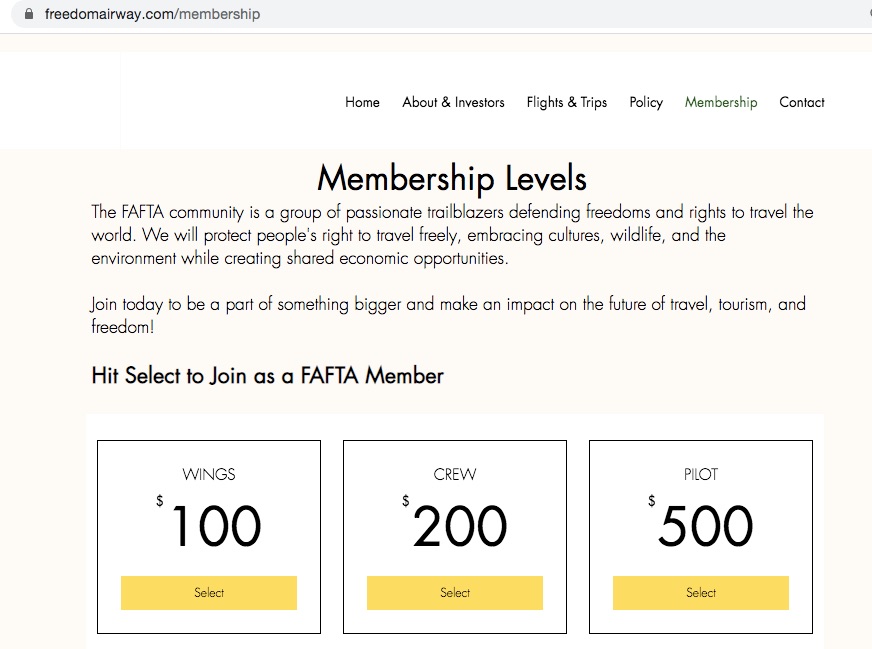 Concerningly, FAFTA are asking the public to become a founding member by paying an annual fee of 100 dollars upfront to “be used to help FREEDOM FLIGHTS to move our members safely”. They also offer 200 dollar & 500 dollar annual memberships.