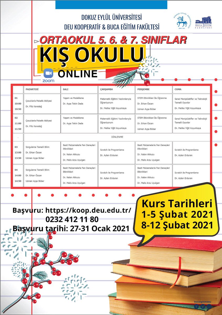 S.S Dokuz Eylül Kooperatifi (@deukoop) on Twitter photo #universitemDEU Koop ile <a href="/bucaegitimdeu/">DEÜ Buca Eğitim Fakültesi</a> işbirliğinde 5,6,7. sınıf öğrencileri için 1-5 Şubat ve 8-12 Şubat 2021 tarihleri arasında düzenlenecek çevirimiçi Kış Okulunda felsefeden matematiğe kadar bir çok konuda dersler verilecek.Başvurular 31 Ocak’a kadar yapılabilecek #universitemDEU Koop ile <a href="/bucaegitimdeu/">DEÜ Buca Eğitim Fakültesi</a> işbirliğinde 5,6,7. sınıf öğrencileri için 1-5 Şubat ve 8-12 Şubat 2021 tarihleri arasında düzenlenecek çevirimiçi Kış Okulunda felsefeden matematiğe kadar bir çok konuda dersler verilecek.Başvurular 31 Ocak’a kadar yapılabilecek