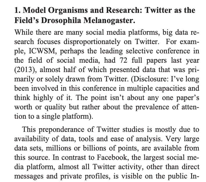 Twitter has been a HUGE trove of data for researchers for over a decade. In 2014  @zeynep pointed out the "model organism" problem--Twitter is the fruit fly of academic research. Not because it's the best to study, but because it's the easiest to study.  https://arxiv.org/pdf/1403.7400.pdf