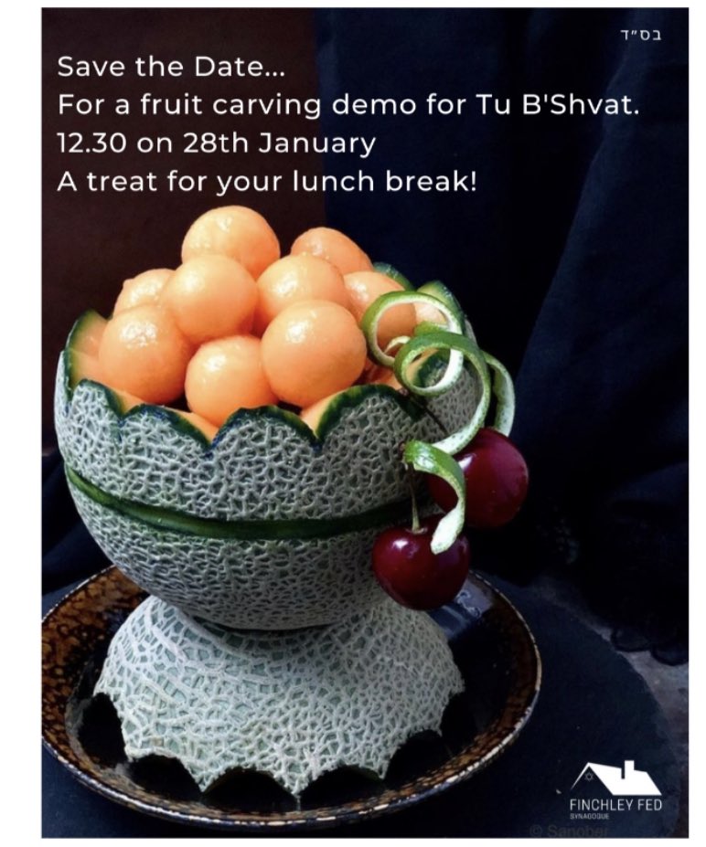 🍉🍇🍓🥭Join us tomorrow for a lunchtime Tu B’shvat fruit carving demonstration. Please DM for login details! 🍏🍎🍐🍊