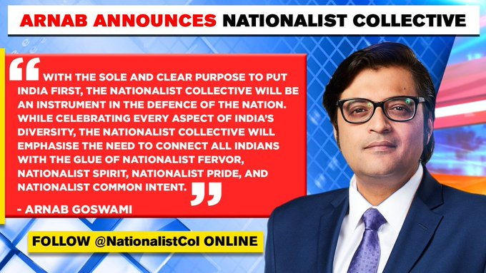 Arnab: With the sole and clear purpose to put India first, the #NationalistCollective will be an instrument in the defence of the Nation. Join the movement, follow @NationalistCol: Twitter: x.com/nationalistcol Facebook: facebook.com/NationalistCol/ IG: instagram.com/nationalistcol/