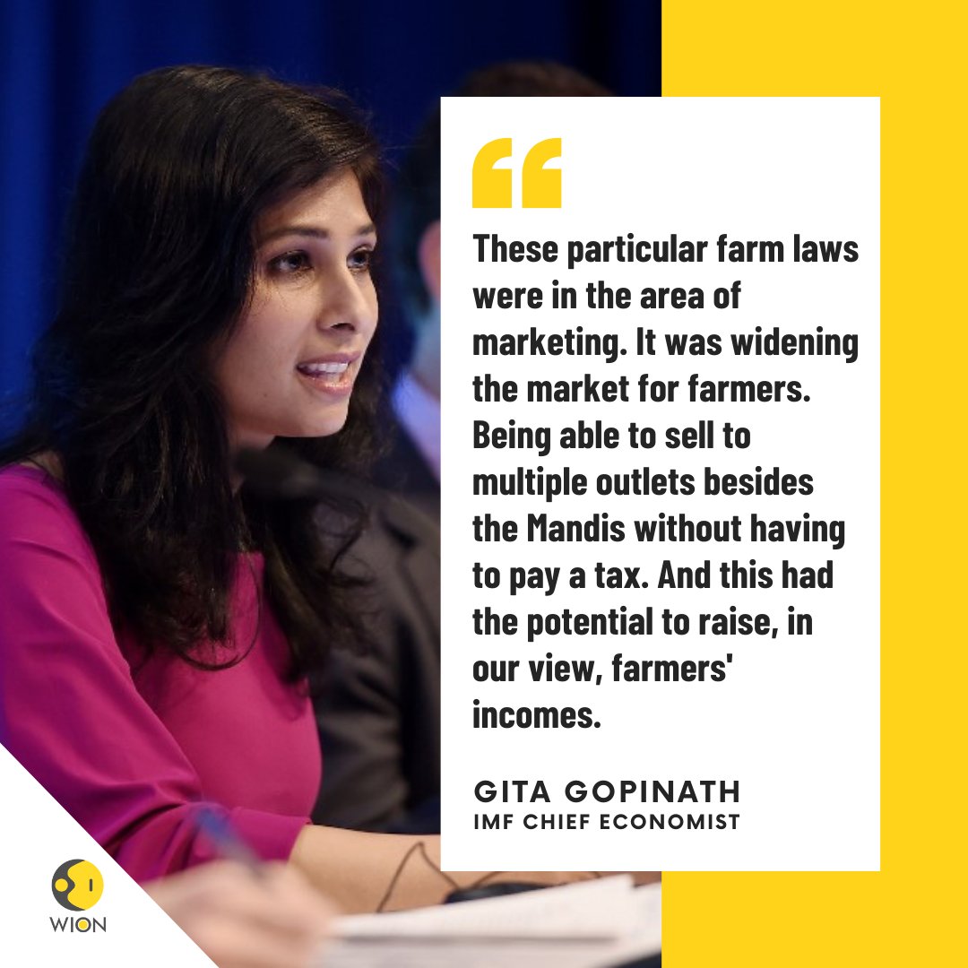 India’s new agriculture laws have potential to raise farm income, says IMF's Chief Economist Gita Gopinath

<a href="/IMFNews/">IMF</a> <a href="/GitaGopinath/">Gita Gopinath</a>

Read full story: wionews.com/india-news/ind…