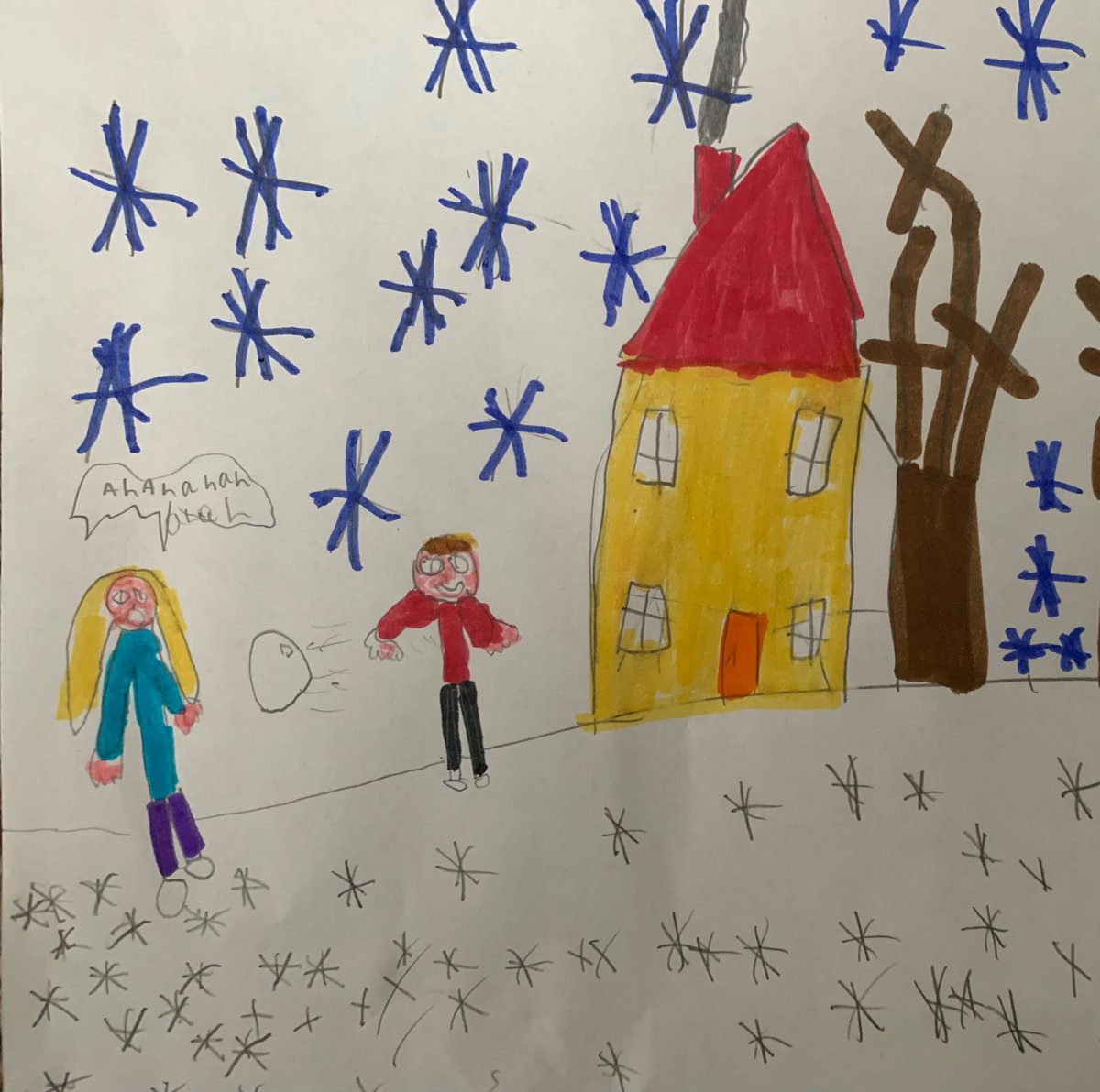 juliebrown711's tweet photo. Gavin’s writing and illustration during station time yesterday might have helped his wish of hitting his sister with a snowball come true. 😂 #poorava  #snowday https://t.co/lLzulIouKR