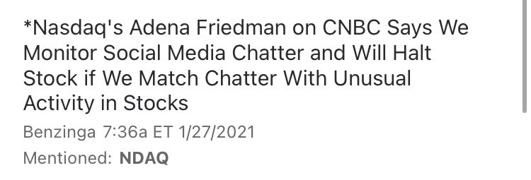 SHOCKING:  @Nasdaq ( #NDAQ) basically manipulated the free flow of stocks by suggesting on  @JoeSquawk that her company will unitarily halt stocks if there Social Media Chatter isn’t to her liking.SEC won’t go after  @adenatfriedman. They’ll rather move on the Reddit Gang. #AMC