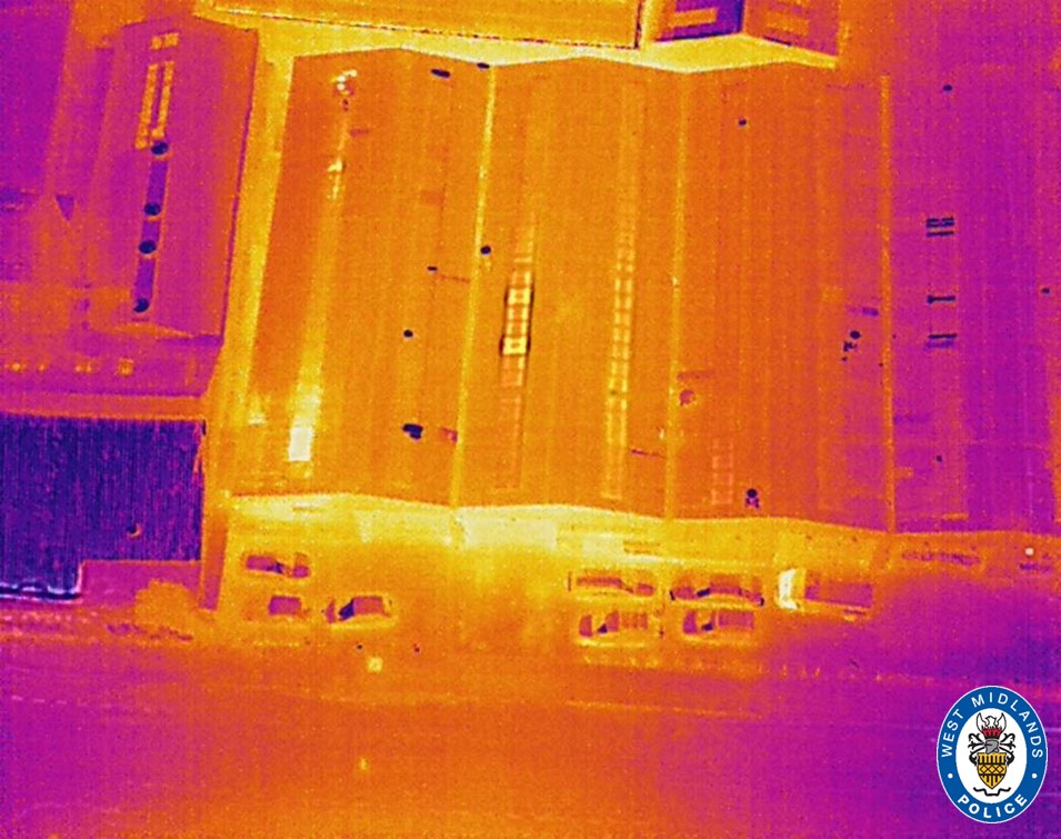 WMPolice's tweet image. This is the @dronesWMP thermal imagery of the factory, clearly showing an unusually high temperature of the property, alluding to a cannabis factory inside. 

Great find by all 👍
