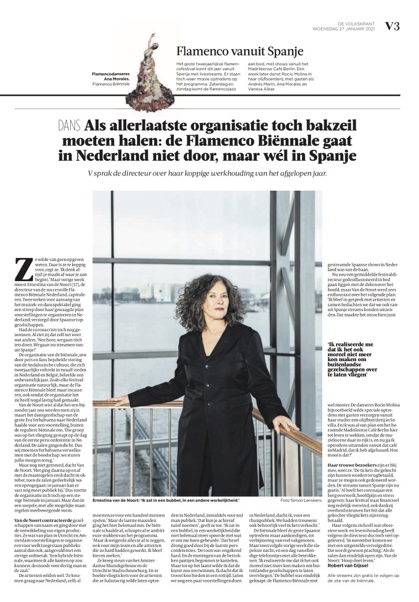 IN DE MEDIA ✨ <a href="/volkskrant/">de Volkskrant</a> sprak Flamenco Biënnale Directeur Ernestina van de Noort over haar koppige werkhouding. Twee weken voor aanvang ging een streep door haar gewaagde plan. Had de corona toch nog gewonnen. 'Nee hoor, we gaan tóch iets doen.' Lees het hele artikel 👇