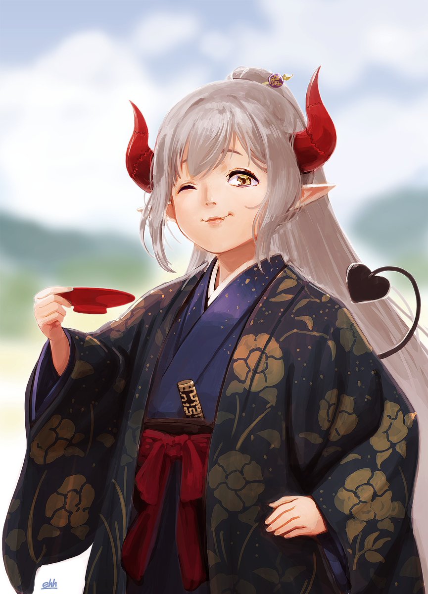 1girl horns japanese clothes kimono pointy ears tail solo  illustration images