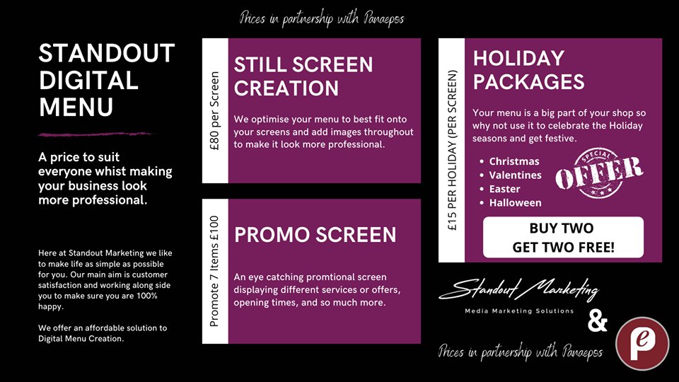 PanaEpos's tweet image. We&apos;ve teamed up with Standout Marketing to provide a great offer. Combining their expertise in design &amp;amp; with ours in IT we can provide attractive, low maintenance #DigitalMenuBoards with the ability to integrate to your @icrtouch till. 

Get in touch for more information 

#EPOS