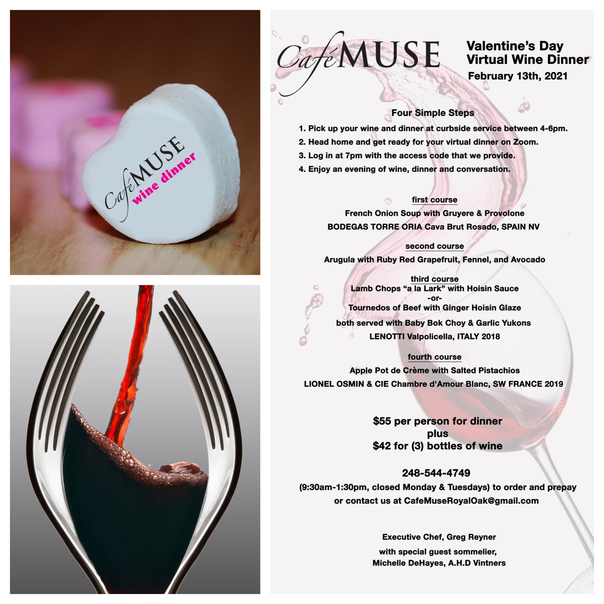 CafeMuseRO's tweet photo. Join us for a unique Valentine’s Day experience with our virtual wine dinner. An evening of wine, dinner &amp; conversation.  

Order and prepay at 248-544-4749, or contact us at CafeMuseRoyalOak@gmail.com https://t.co/1vlTOftt56