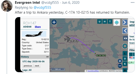 C-17A 10-0215  #AE4D68 did not return directly to Ramstein, however. It made a trip to Ankara, Turkey the next day. This flight had data openly transmitted via ADS-B signals that could be seen on  @adsbexchange. What they were doing over in Turkey is unknown.4/
