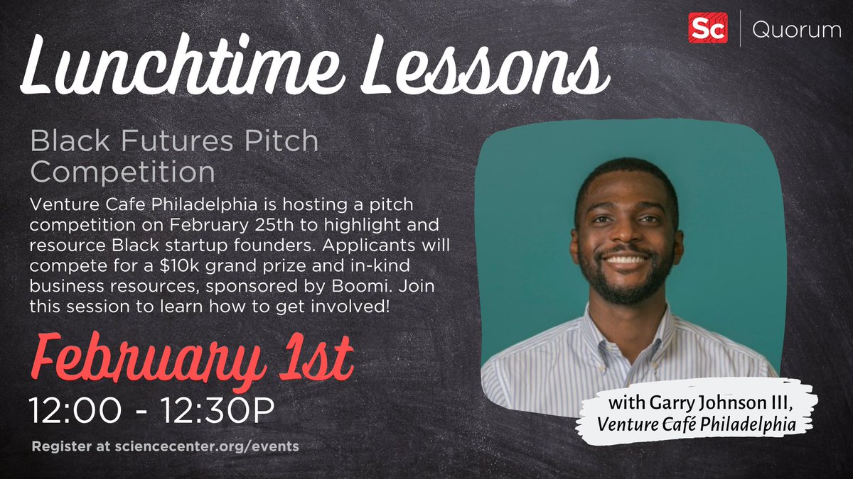 An info session led by <a href="/GarryJohnsonIII/">Garry Johnson III</a> of <a href="/vencafePHL/">Venture Cafe Philadelphia</a>. Learn more before the 2/25 competition! sciencecenter.org/events/lunchti…