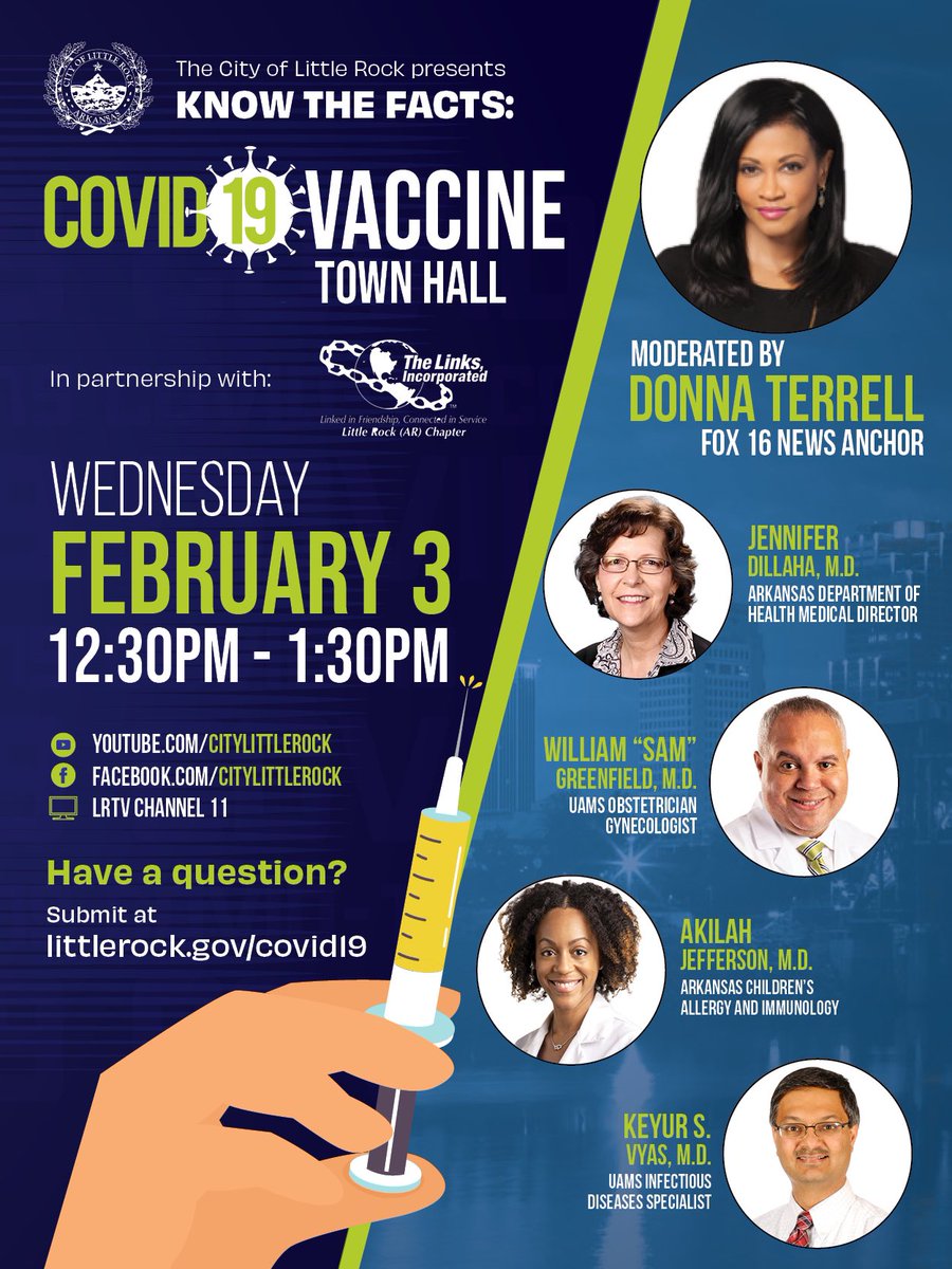 donnaterrell_tv's tweet photo. Still got questions about the #COVID19 vaccine? Not sure you should get it? Send your questions to https://t.co/rAKZBoqfyr and I’ll get answers 4 U. Watch our virtual Town Hall Wednesday 2/3/21  Presented by @CityLittleRock and @littlerocklinks @FOX16News https://t.co/eSvZkRgt3P