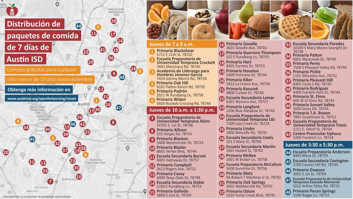 Austin ISD (@austinisd) on Twitter photo FREE 7 day meal packs are available at 40+ <a href="/AustinISD/">Austin ISD</a> schools tomorrow, Jan. 28. Learn more at austinisd.org/openforlearnin…
»
Paquetes de comida GRATIS para 7 días están disponibles en más de 40 escuelas de AISD mañana, 28 de enero. Obtenga más información en austinisd.org/openforlearnin… FREE 7 day meal packs are available at 40+ <a href="/AustinISD/">Austin ISD</a> schools tomorrow, Jan. 28. Learn more at austinisd.org/openforlearnin…
»
Paquetes de comida GRATIS para 7 días están disponibles en más de 40 escuelas de AISD mañana, 28 de enero. Obtenga más información en austinisd.org/openforlearnin…