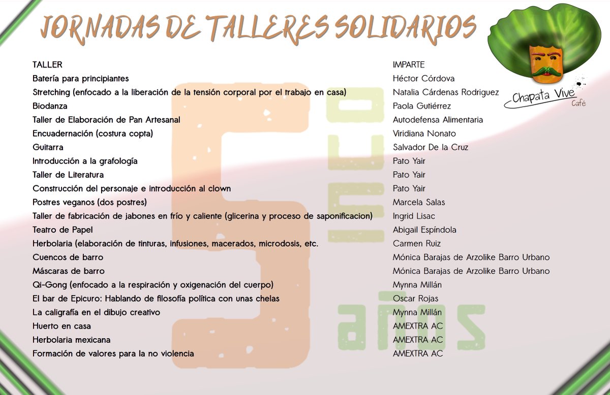 ChapataC's tweet photo. Jornadas de Talleres Solidarios en línea: Son de cooperación solidaria sugerida de 50 pesos por sesión. La mecánica para la inscripción será mediante depósito o pago directamente en el local con tres días de anticipación al inicio del taller.
https://t.co/kVQRpHCAjm https://t.co/EOGnoIyXmQ