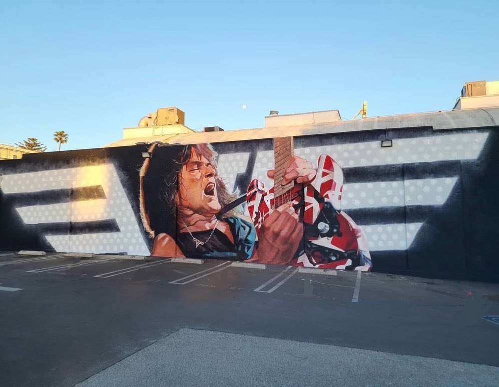 WolfVanHalen's tweet photo. I want to extend my most heartfelt gratitude to the unfathomably talented @TheRobertVargas, and @guitarcenter for the painting of this incredible mural of my father at Guitar Center Hollywood. 

What an incredible honor it is to see Pop immortalized in such a beautiful way. https://t.co/BdfwevCnJC