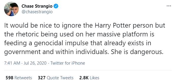 Thus, hugely disproportionate responses ("JK Rowling has blood on her hands") inflate and distort the original offense out of all recognition. (Never citing her actual 'hateful' remarks helps...)