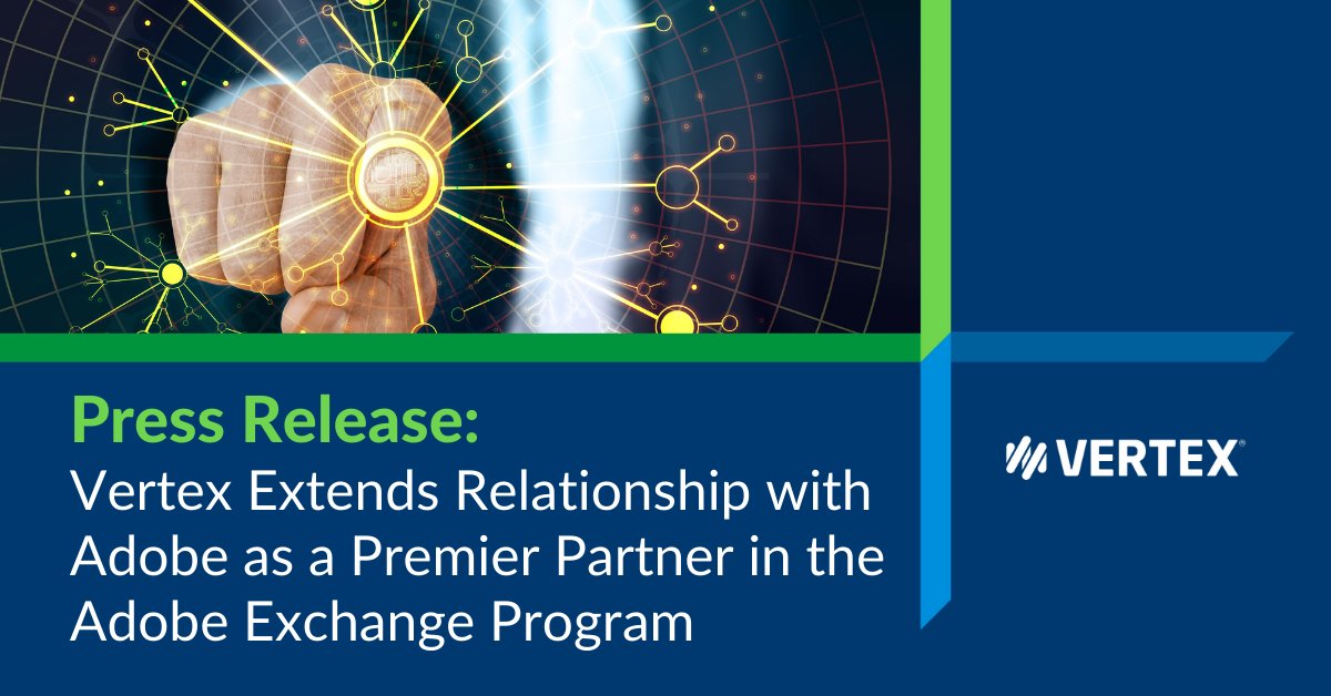 CloudSalesTax's tweet photo. .@vertexinc is proud to announce their extended relationship with @Adobe as a Premier Partner in the Adobe Exchange Program. How this partnership enables customers to grow with confidence:  https://t.co/lN7FCNlhkE https://t.co/s8T6y0GhuU