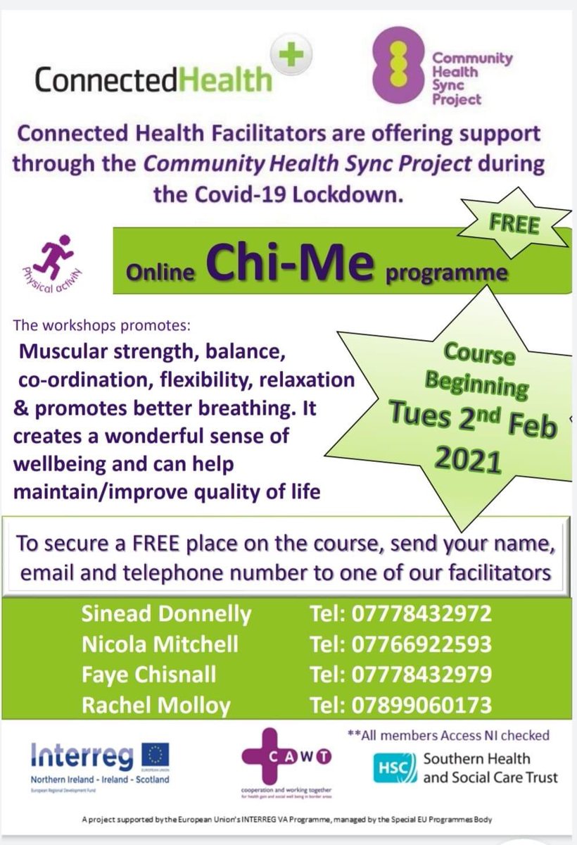CAWTCrossBorder's tweet photo. Our CoH-Sync Armagh &amp; Dungannon Team’s FREE Online Chi Me exercise class starts Tues 2nd Feb 2021 at 10am. Chi Me is a series of Tai Chi influenced exercises that improve strength, balance, flexibility &amp; relaxation 🧘🏻‍♀️. Registration info ⬇️⬇️ #SmallChangesBigBenefits #InterregVA https://t.co/zuB2QlALsJ