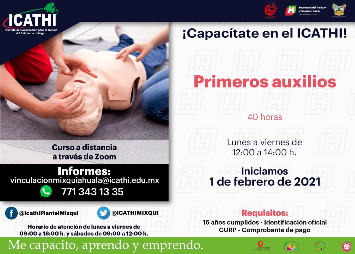icathi's tweet photo. Capacítate en #PrimerosAuxilios mediante el #CursoADistancia del #ICATHI. Puedes solicitar más información en el número 7713431335, o escribir al correo: vinculacionmixquiahuala@icathi.edu.mx https://t.co/RuhBYgwqzt