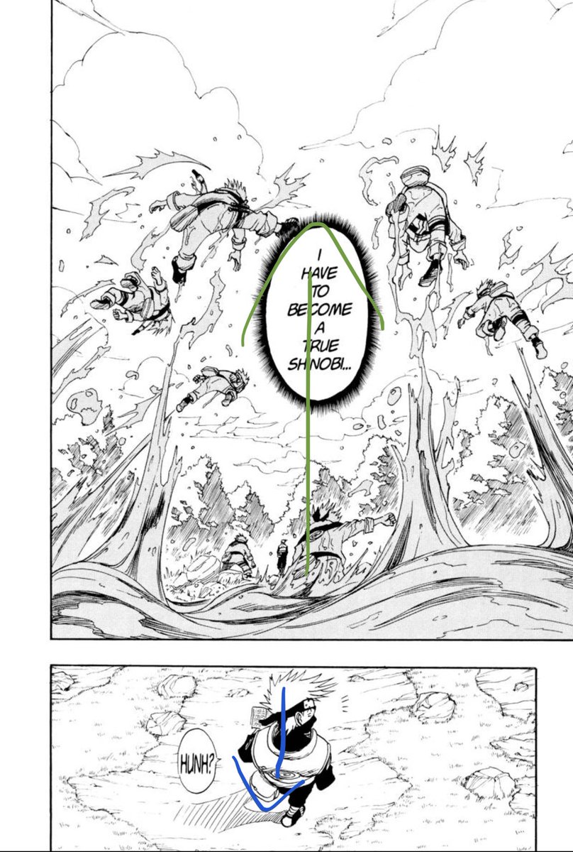 Another smart bit of framing: the camera beneath this (admittedly gorgeous) shot of the Naruto clones leaping out of the water then transitions to an overhead shot, like the reader is another clone and these follow your perspective as you arc up and out of the water  #Grantuto